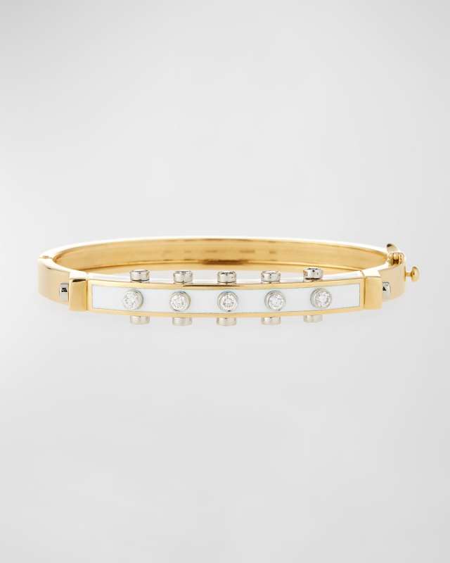 "Motif" Studlette 18k Gold & Enamel Bangle Bracelet with Platinum-Set Diamonds, White