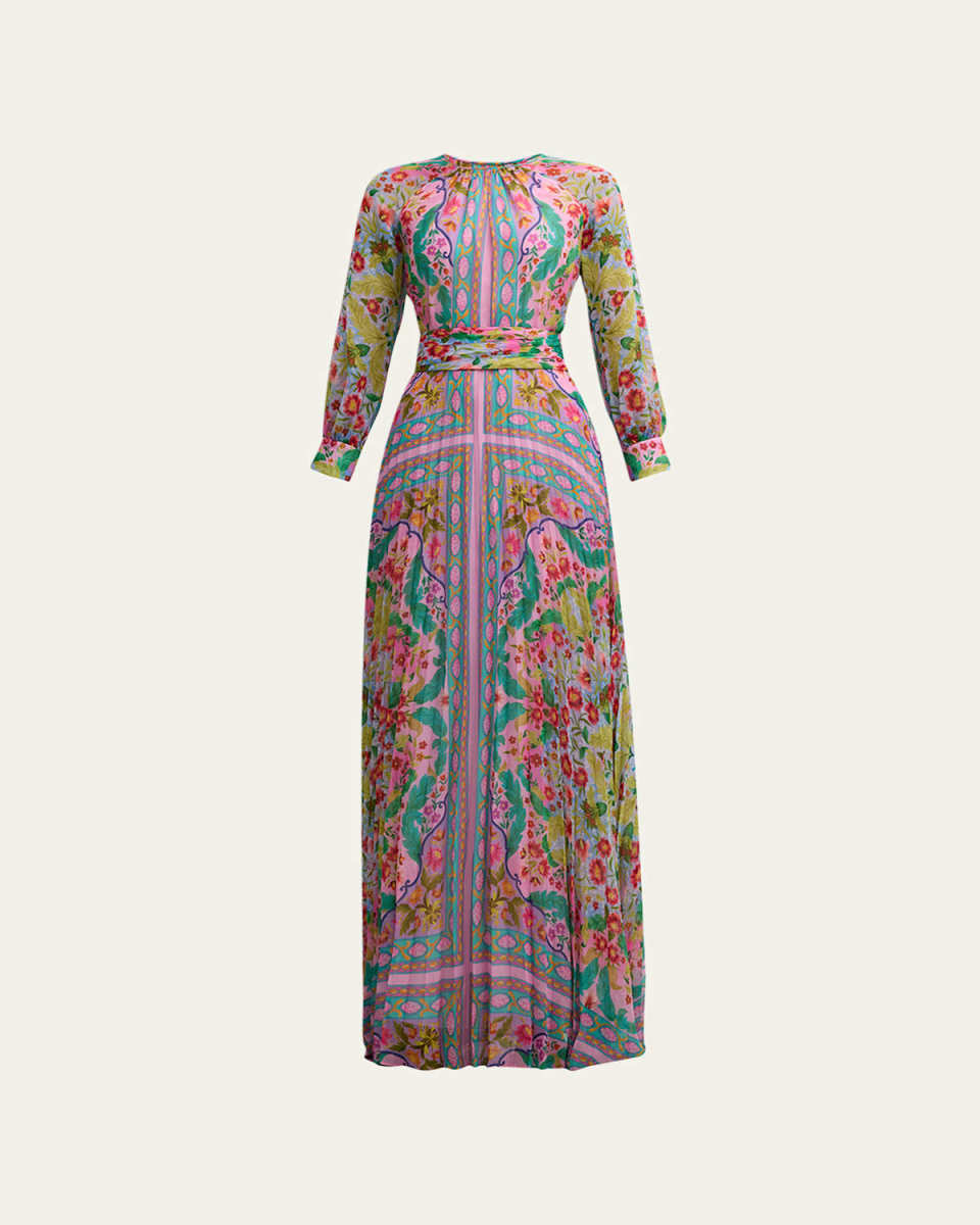 Pleated Floral-Print Chiffon Gown