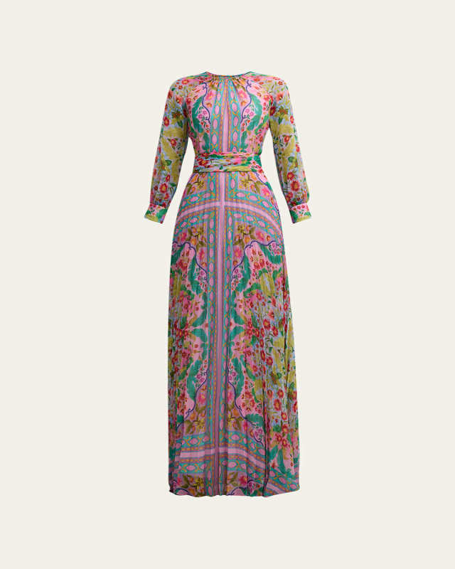 Pleated Floral-Print Chiffon Gown
