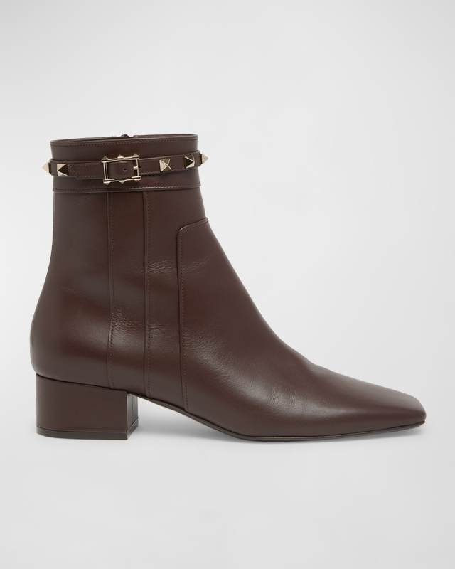 Rockstud Leather Buckle Ankle Booties