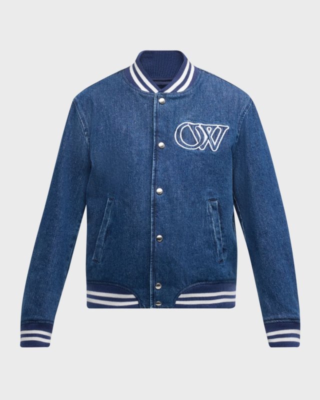 Logo Embroidered Denim Varsity Bomber Jacket