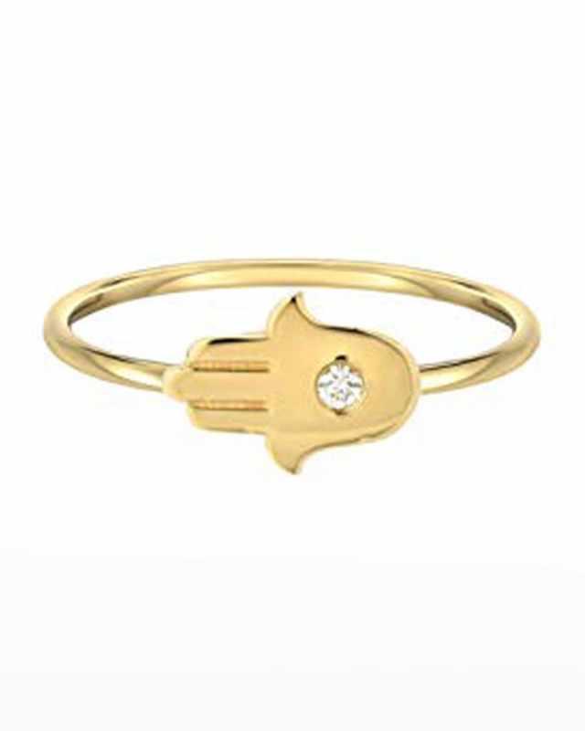 14k Gold Diamond Hamsa Ring, Size 7