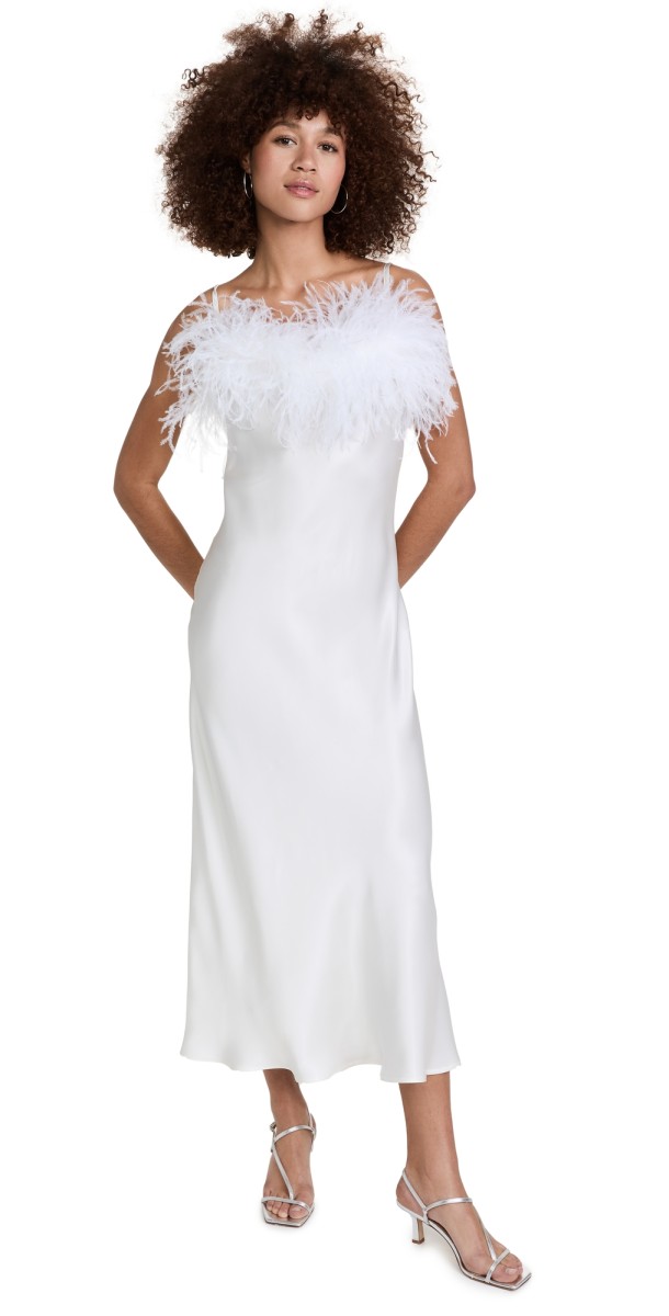 Sleeper Boheme Slip Dress with Feathers White