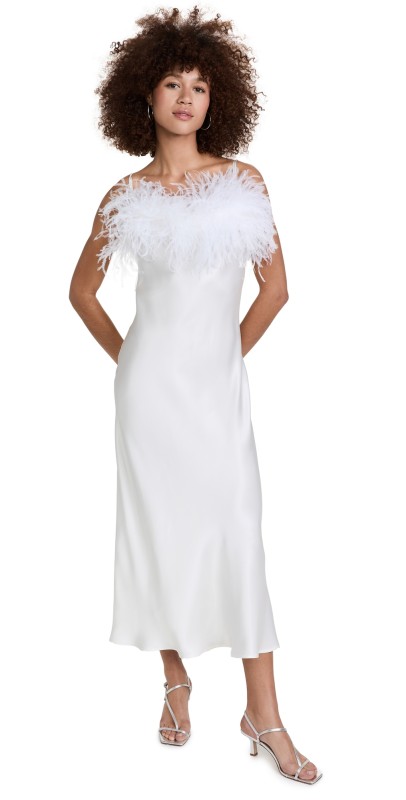 Sleeper Boheme Slip Dress with Feathers White