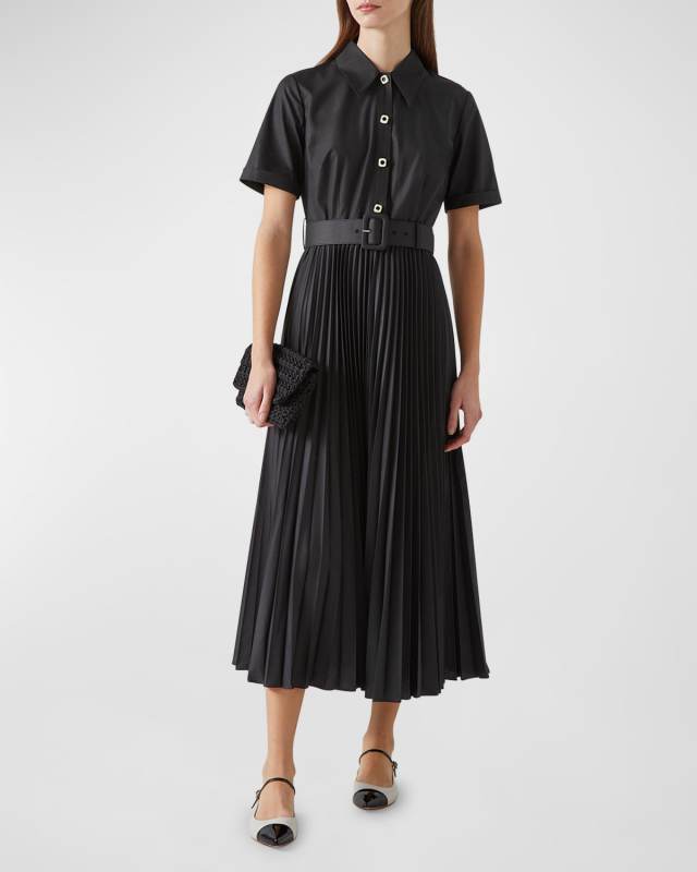 Cally Pleated Belted Midi Shirtdress