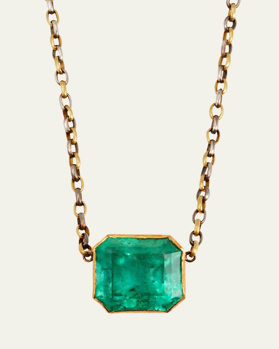 18K Yellow Gold and Silver Earth Echo Necklace with Colombian Emerald Pendant and Clasp, 16.75"L
