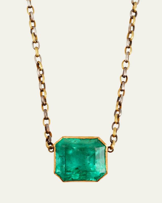 18K Yellow Gold and Silver Earth Echo Necklace with Colombian Emerald Pendant and Clasp, 16.75"L