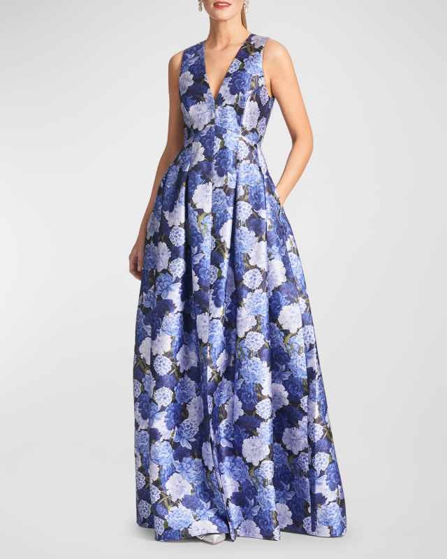 Brooke Pleated Floral-Print Gown