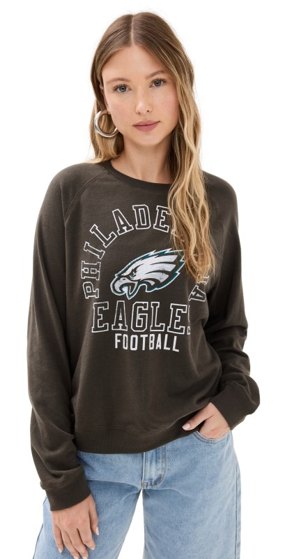 Junk Food Eagles Flocked Raglan Crew Sweatshirt Vintage Black