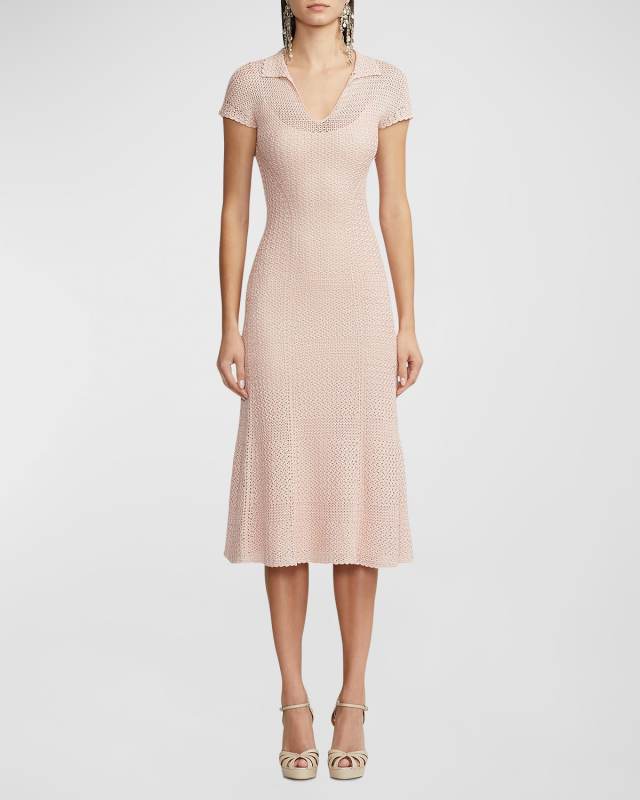 Cap-Sleeve Crochet Knit Midi Polo Dress