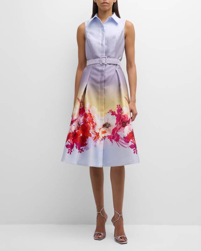 Pleated Ombre Floral-Print Midi Shirtdress