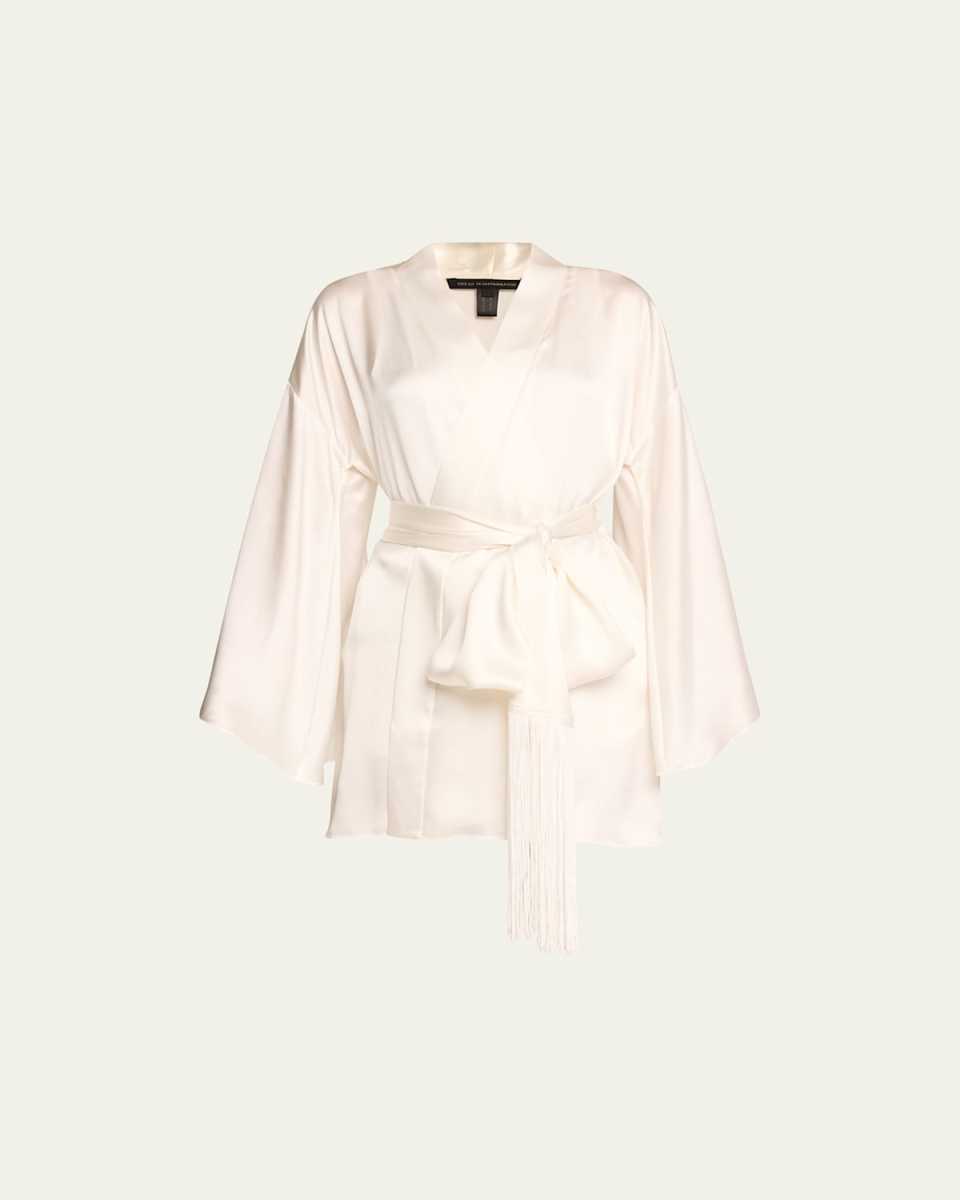 Fringe-Trim Silk Mini Kimono Robe