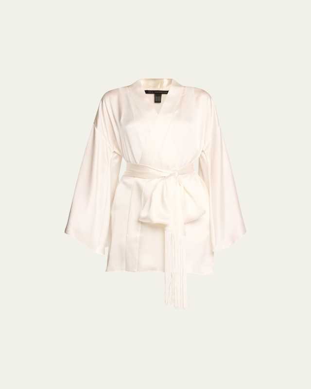 Fringe-Trim Silk Mini Kimono Robe