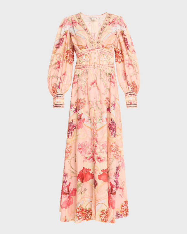 Floral Linen Shaped Waistband Maxi Dress