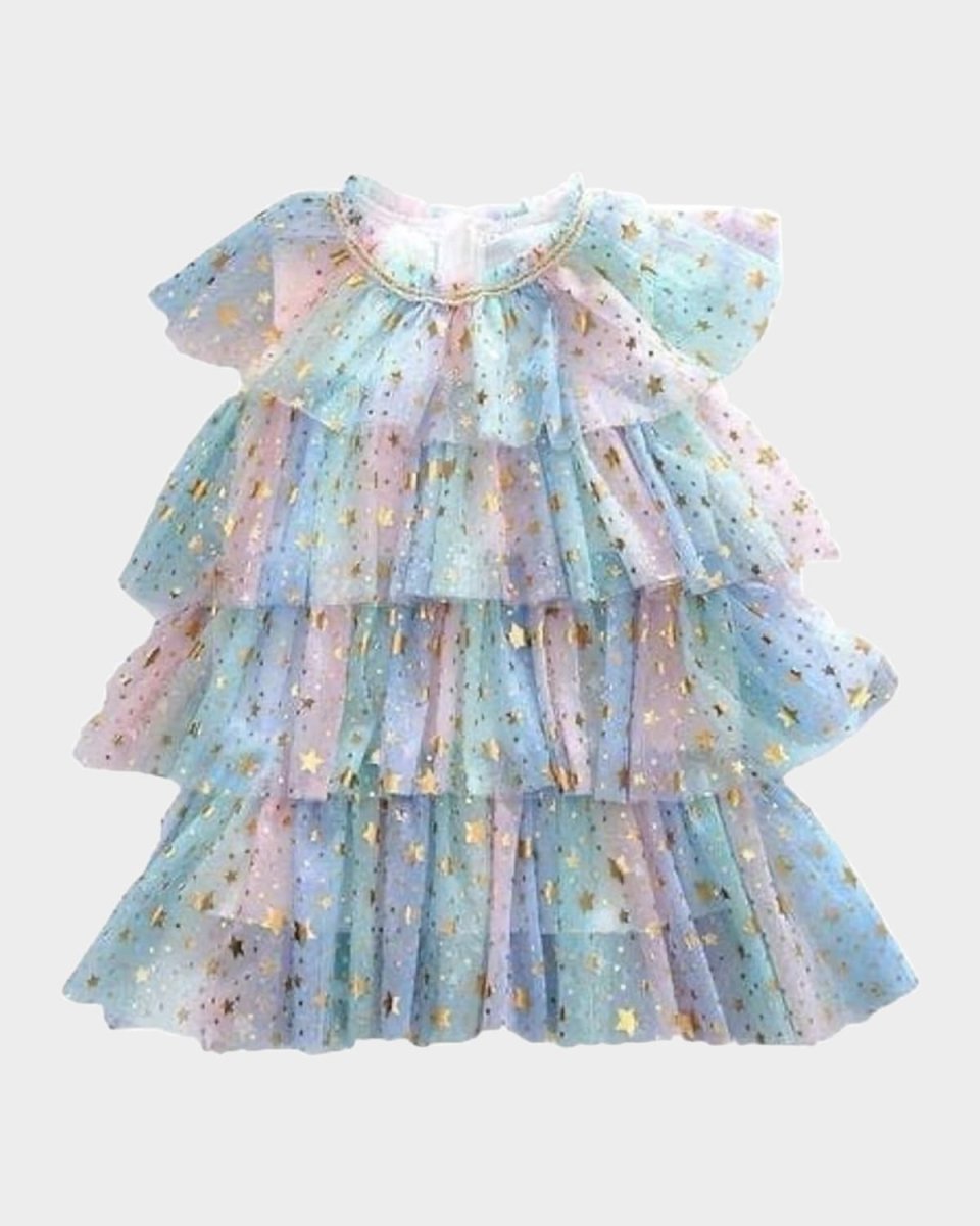 Girl's Metallic Star-Print Tulle Dress, Size 12M-12