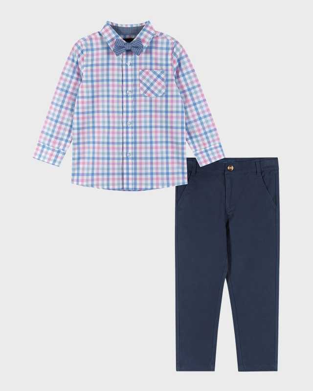Boy's Plaid Button Down Shirt W/ Bow Tie & Pants Set, Size 2T-8