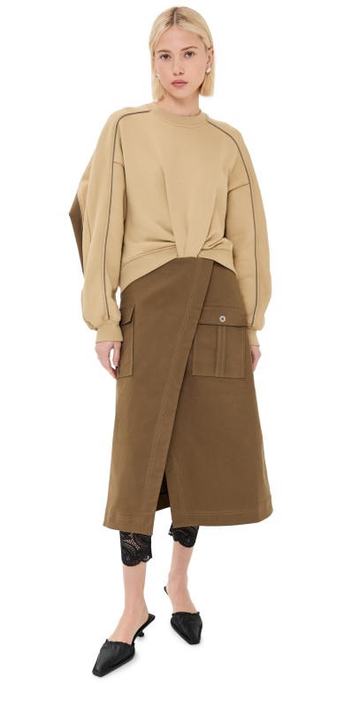 3.1 Phillip Lim Draped Combo Dress with Utility Skirt Khaki/Oak