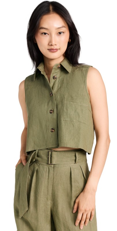 HEVRON Katja Linen Top Olive