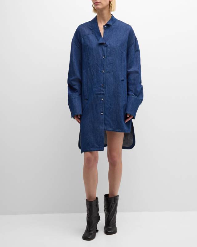 Anagram-Elbow Denim Asymmetric Mini Shirtdress