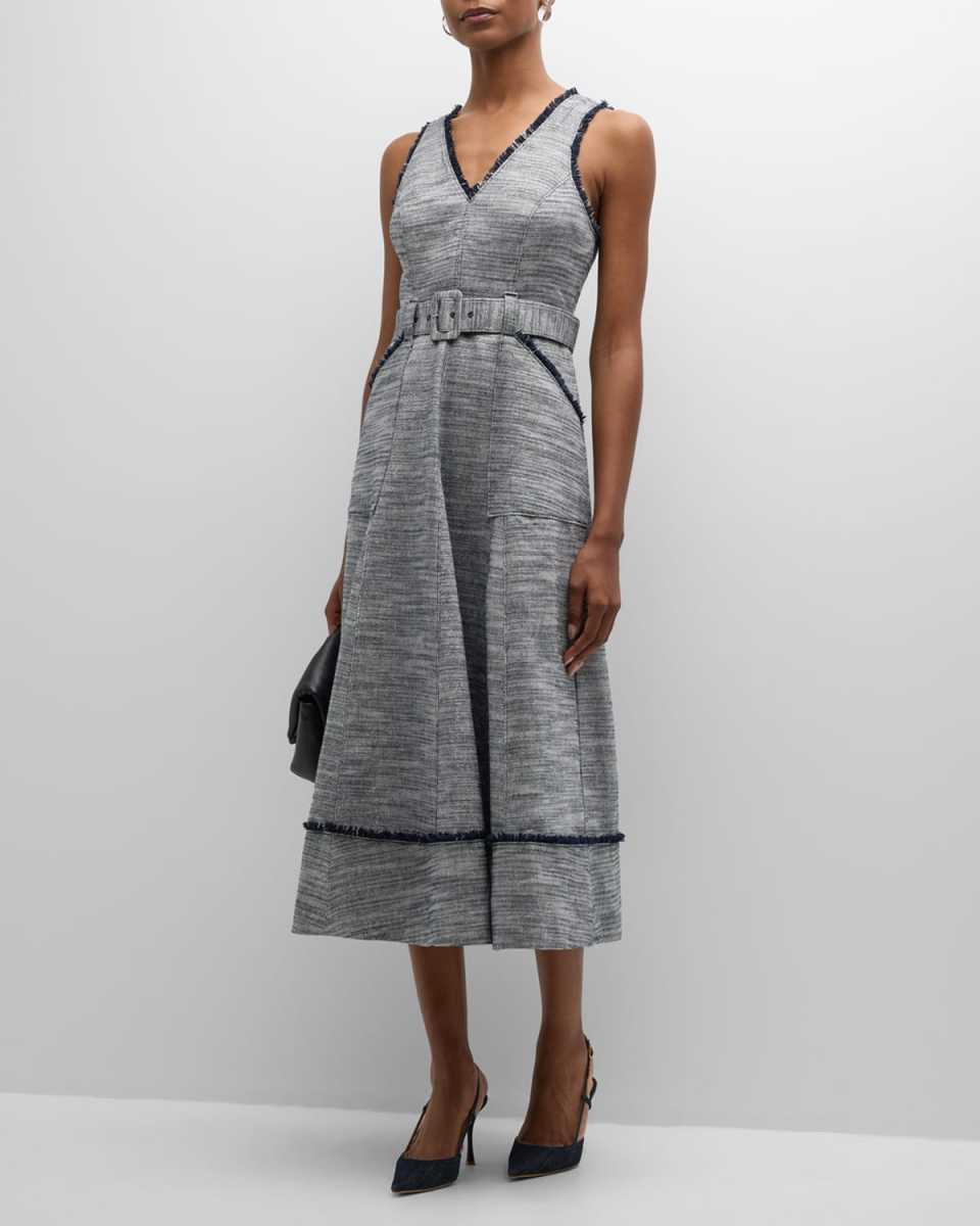 Tadi Belted Cotton Linen V-Neck Midi Dress