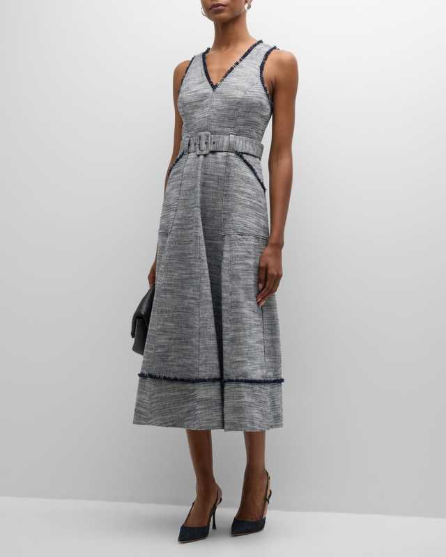 Tadi Belted Cotton Linen V-Neck Midi Dress