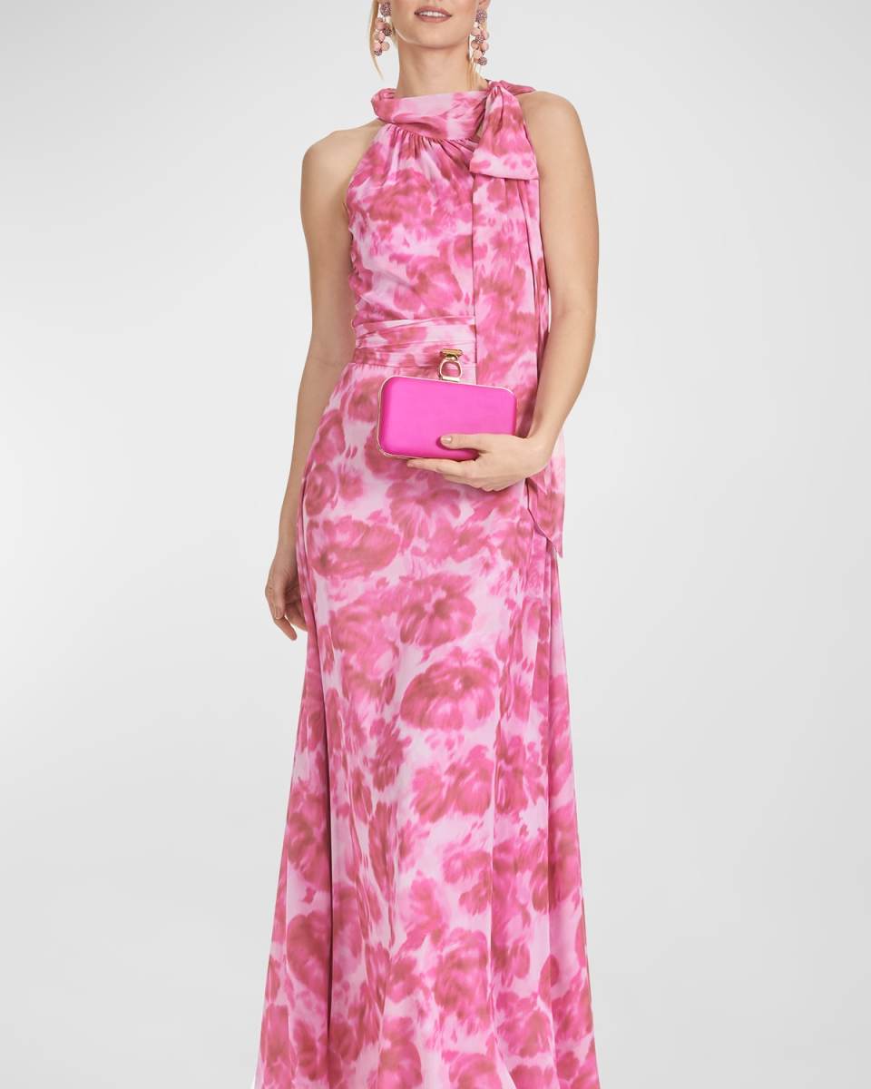 Kayla Floral-Print Chiffon Halter Gown