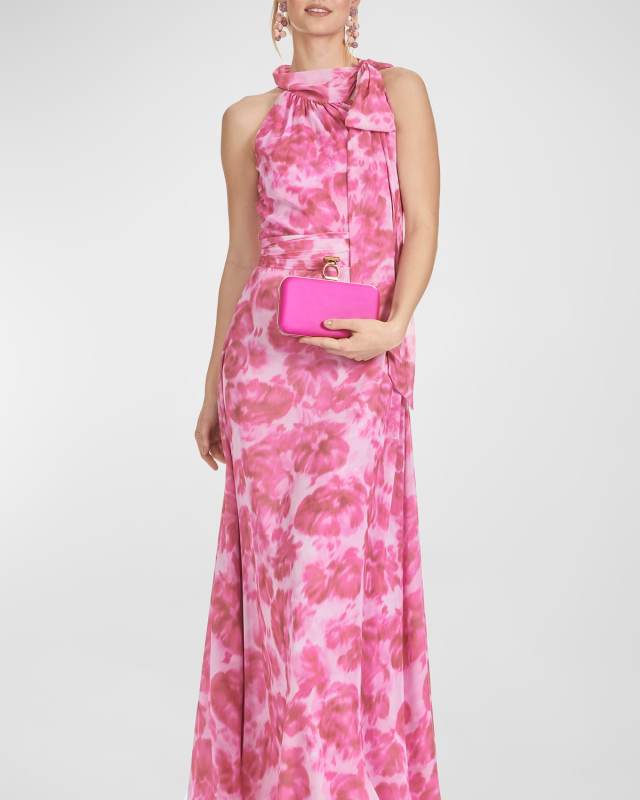 Kayla Floral-Print Chiffon Halter Gown