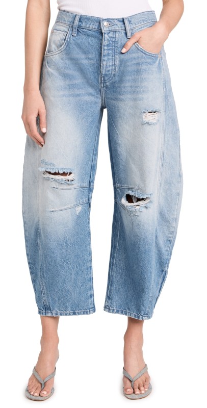 Free People Good Luck Mid-Rise Barrel Jeans Barnyard Blue