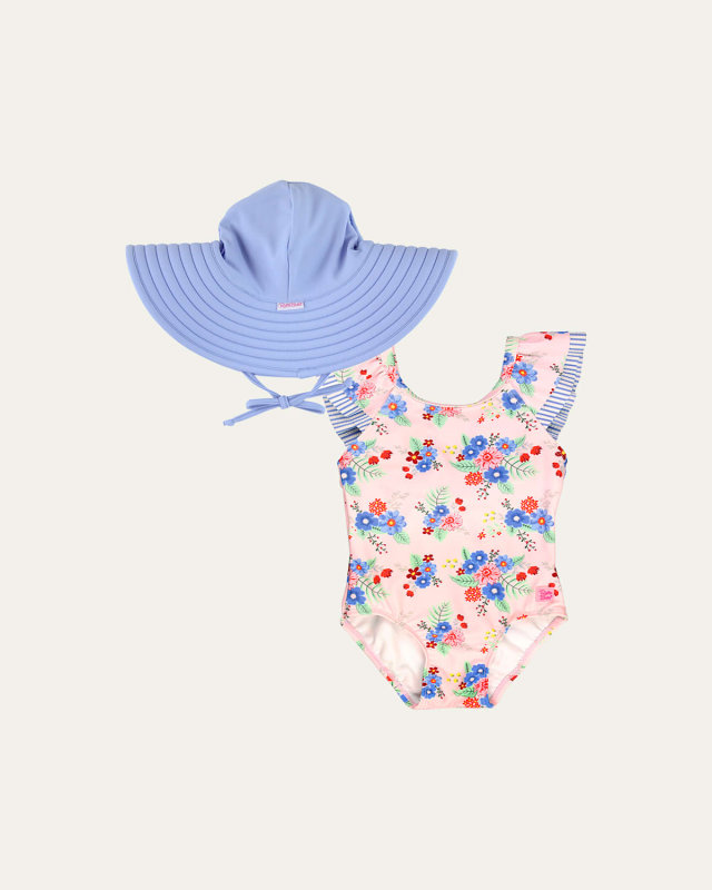 Girl's Coastal V-Back One-Piece Swimsuit and Hat Set, Size 3M-8