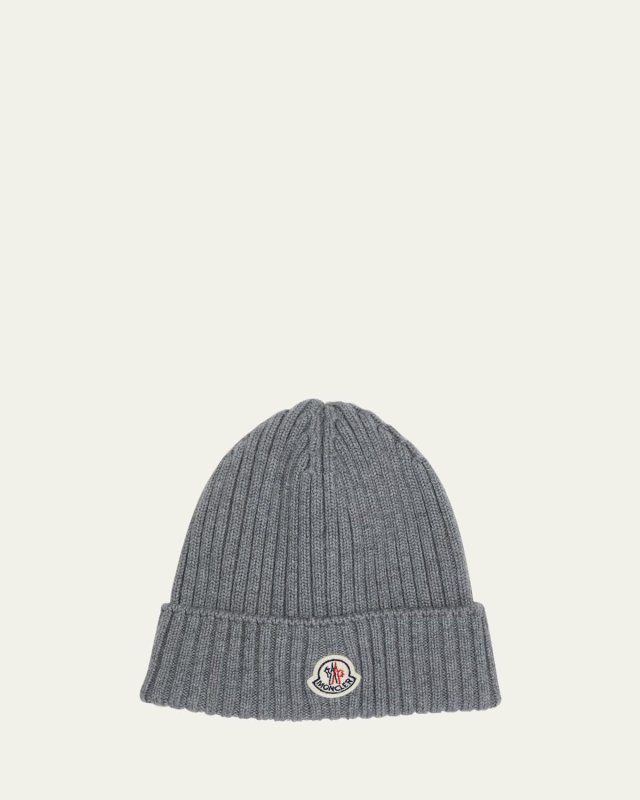 Boy's Ribbed Wool Beanie with Logo Patch, Size S-L