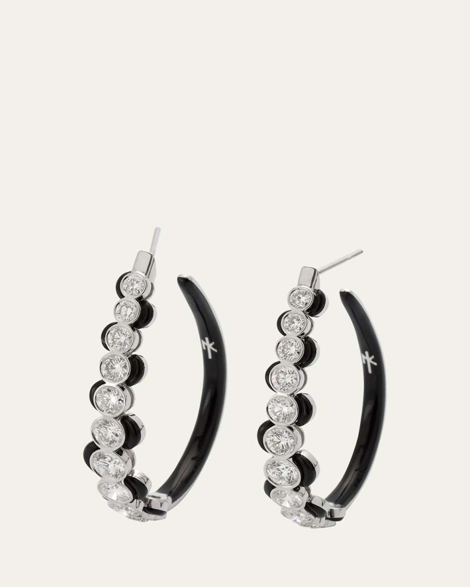 Oui White Gold Diamond and Black Enamel Hoop Earrings