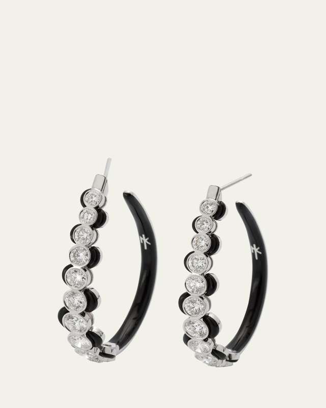 Oui White Gold Diamond and Black Enamel Hoop Earrings