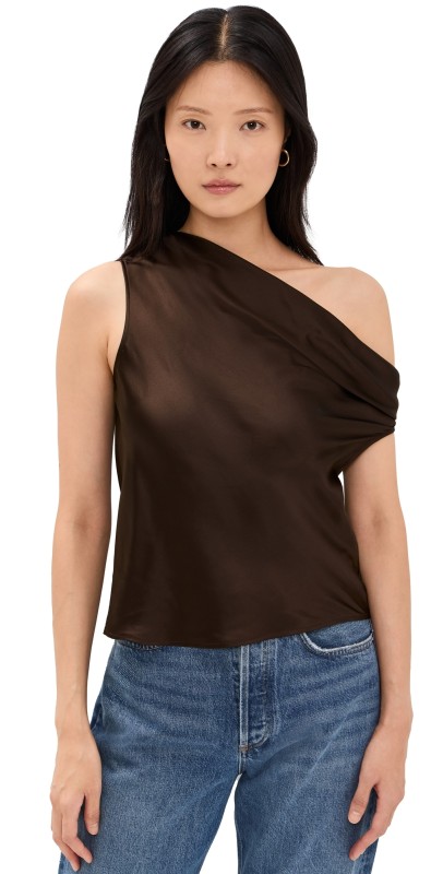 Enza Costa Silk Bias Off-Shoulder Blouse Brown