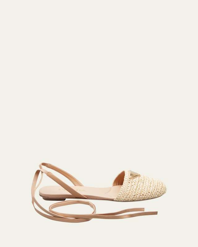 Triangle Logo Raffia Ankle-Wrap Flats