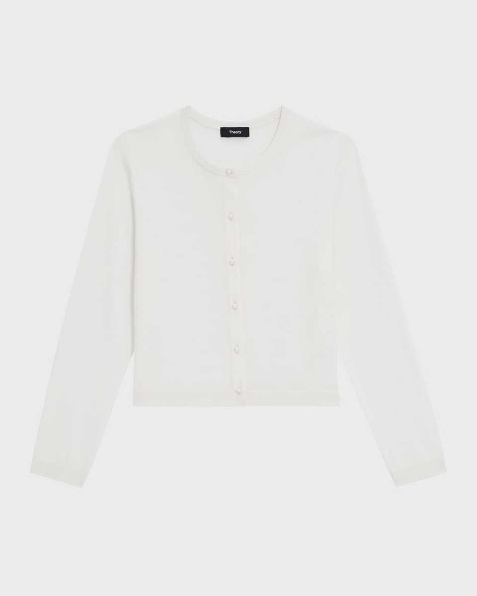 Faux-Pearl Button Cropped Wool Cardigan