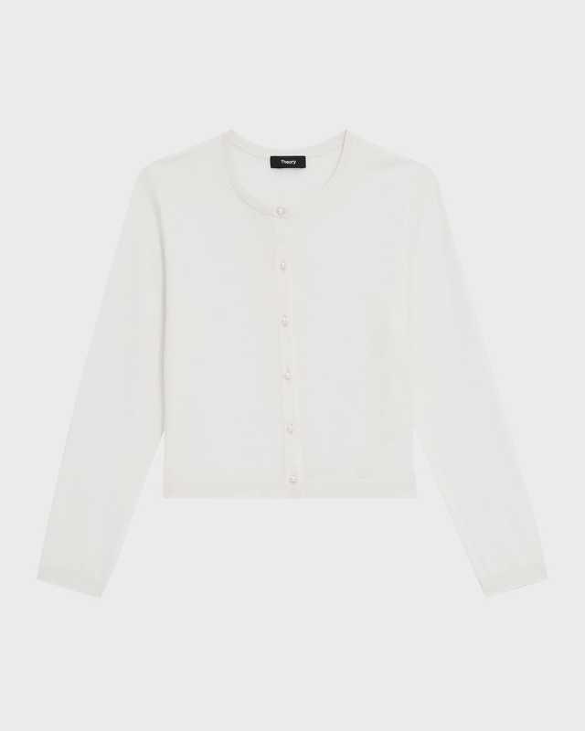 Faux-Pearl Button Cropped Wool Cardigan