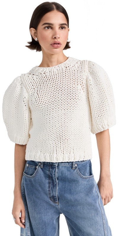 Tibi Deluxe Tube Yarn Sweaterini Puff Sweater White