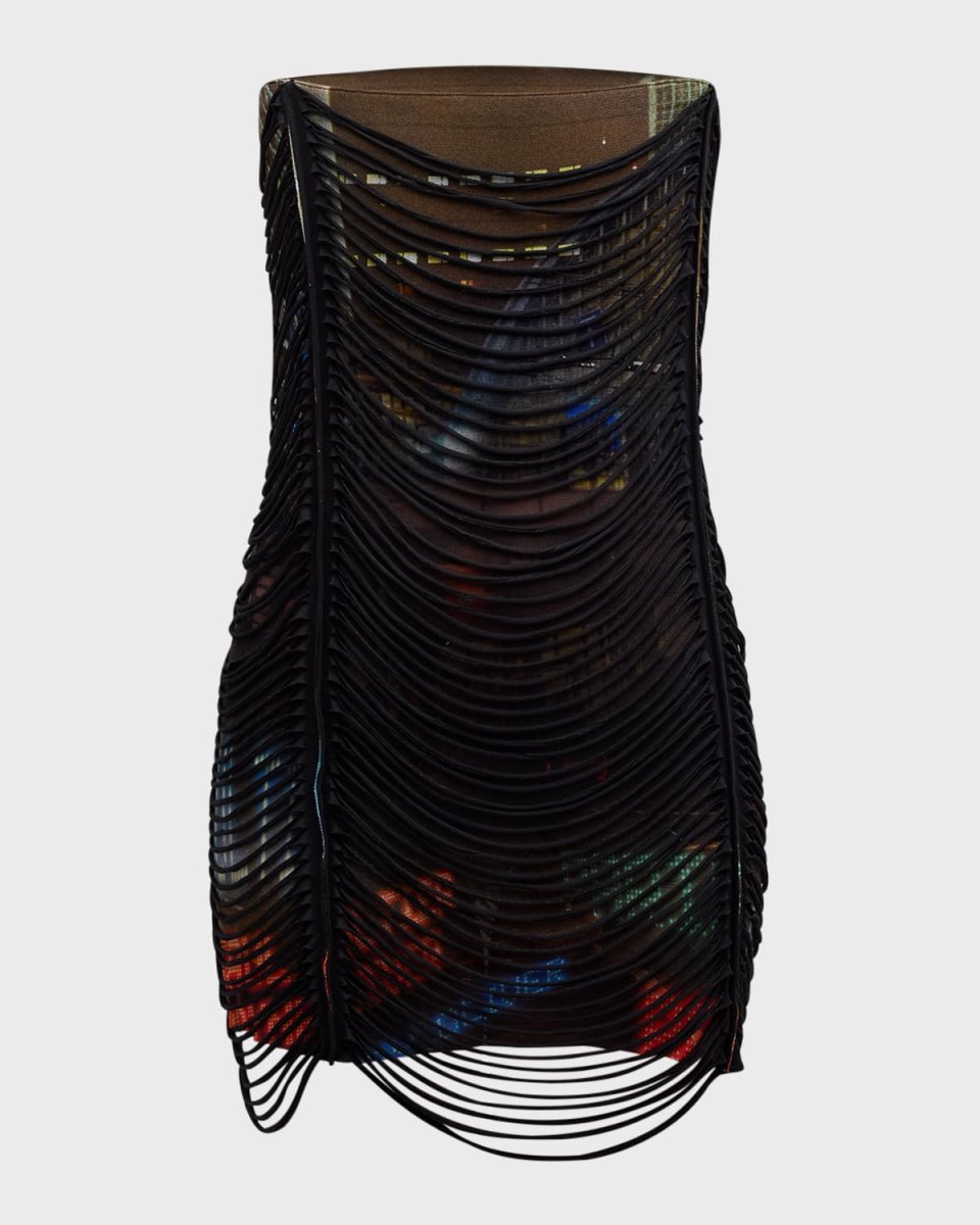 City-Print 3D Slashing Strapless Mini Dress