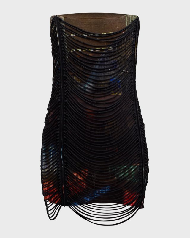 City-Print 3D Slashing Strapless Mini Dress