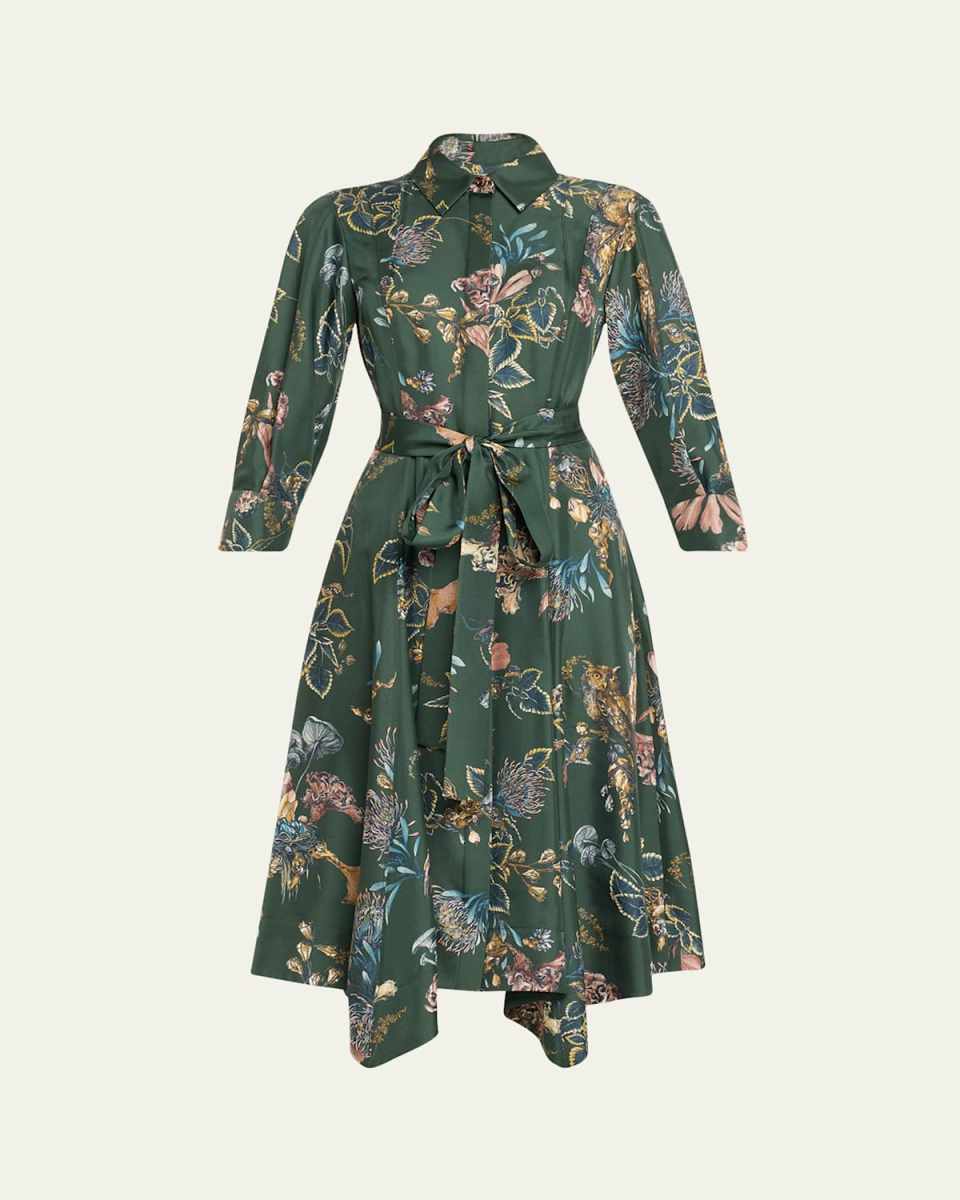 Forest Floral Belted Silk Twill Shirtdress, Green