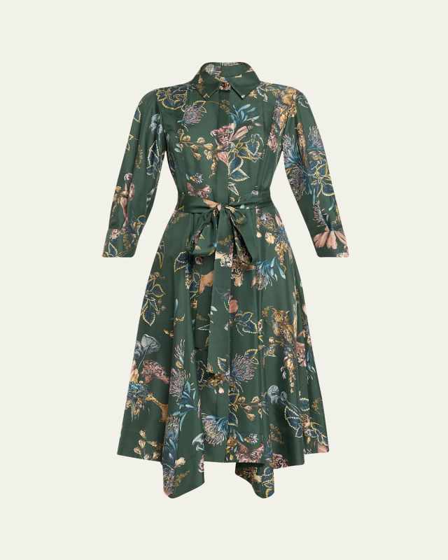 Forest Floral Belted Silk Twill Shirtdress, Green
