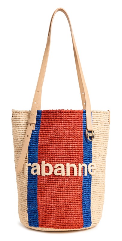 rabanne Raffia Tote Bag with Logo Natural/Cobalt/Red