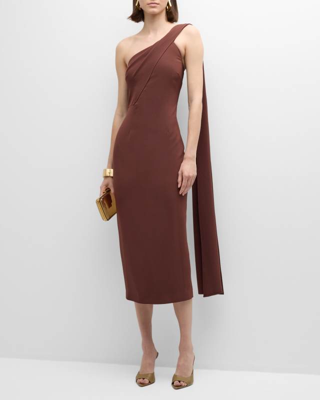 Asymmetric Drape Heavy Cady Midi Dress