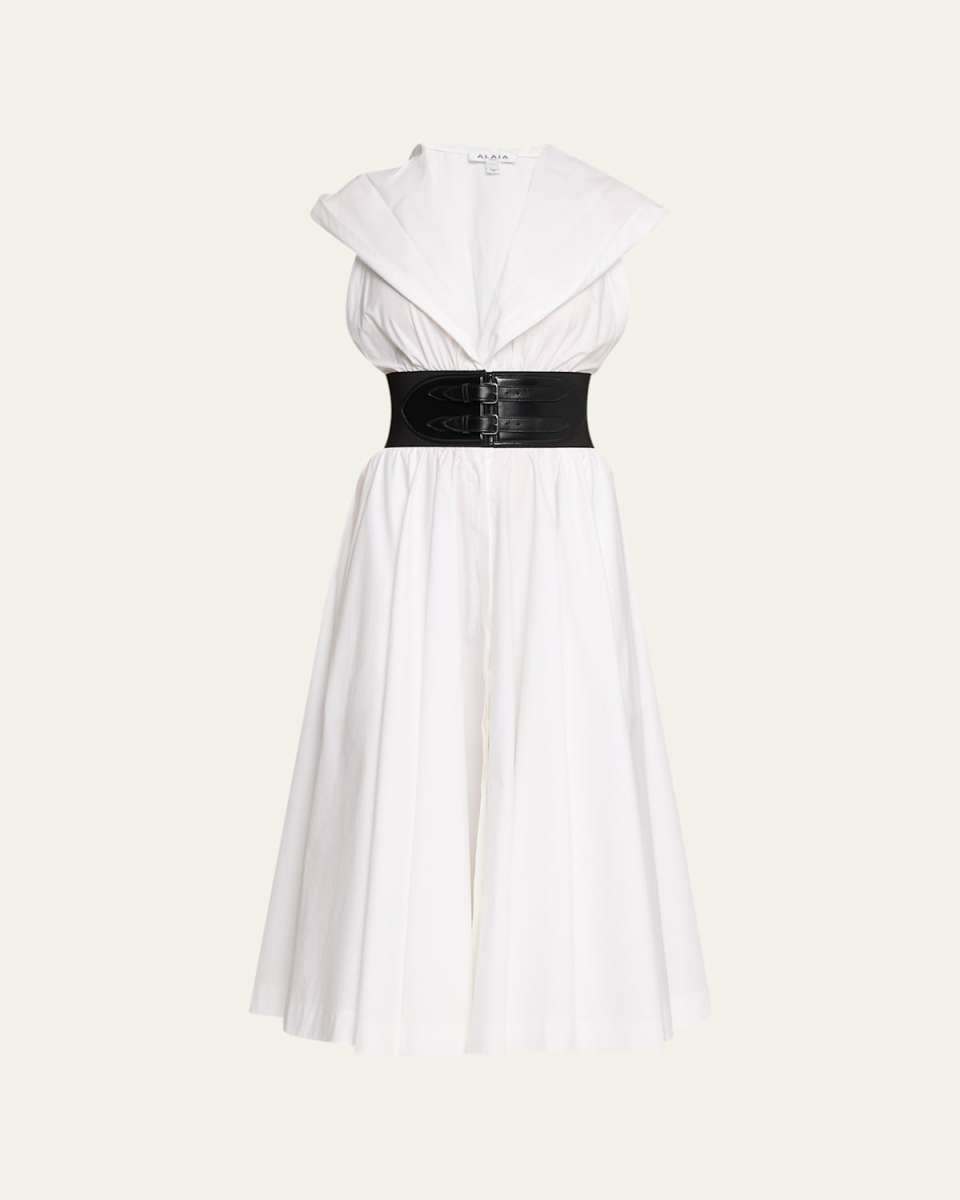 Leather Corset Belt Hooded Midi Shirtdress