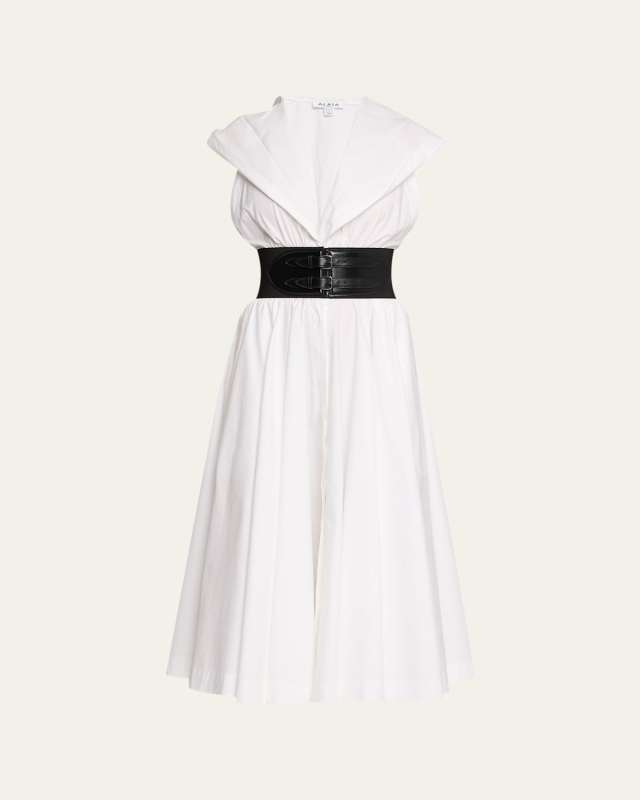 Leather Corset Belt Hooded Midi Shirtdress