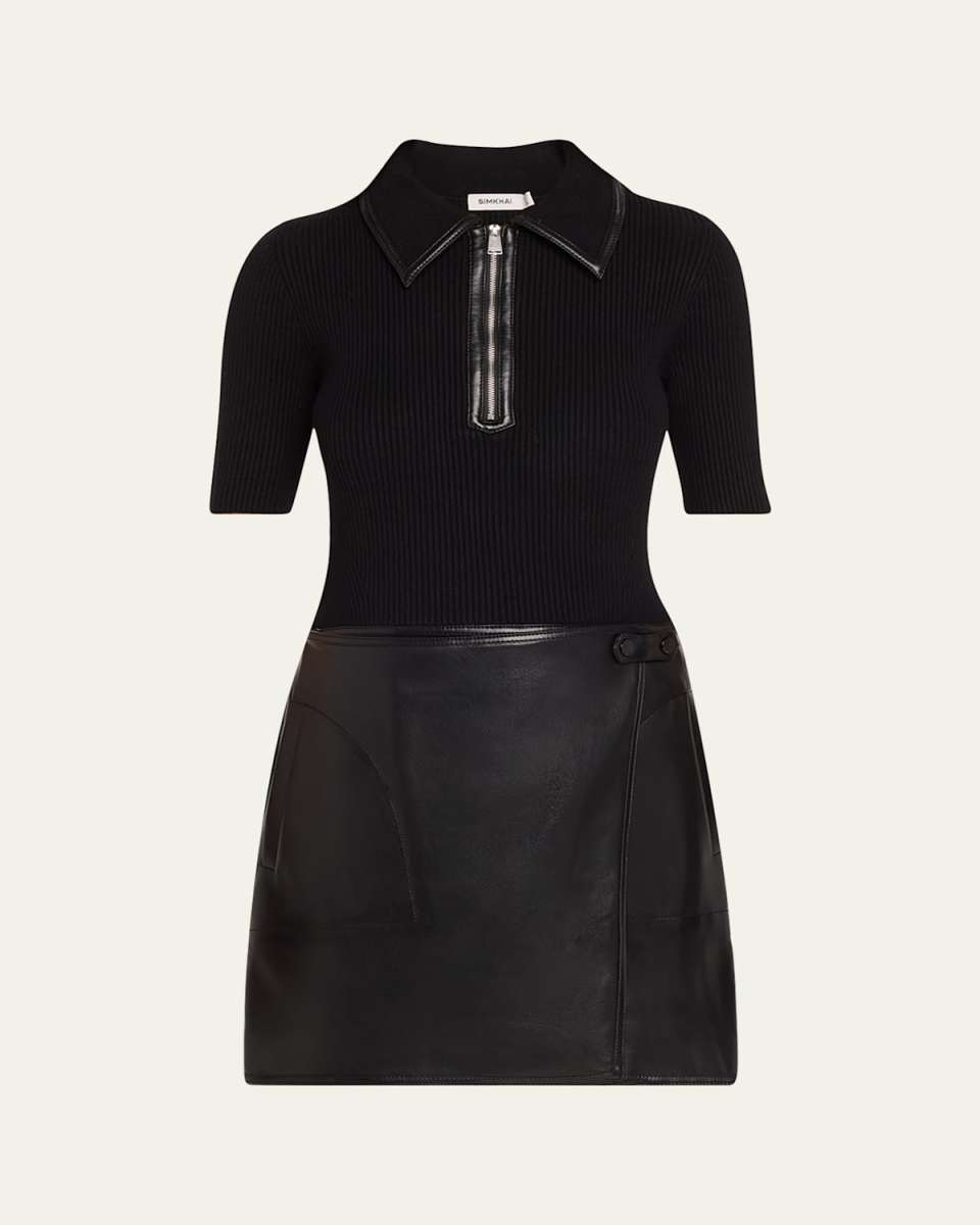 Ettalyn Ribbed Faux Leather Combo Mini Dress