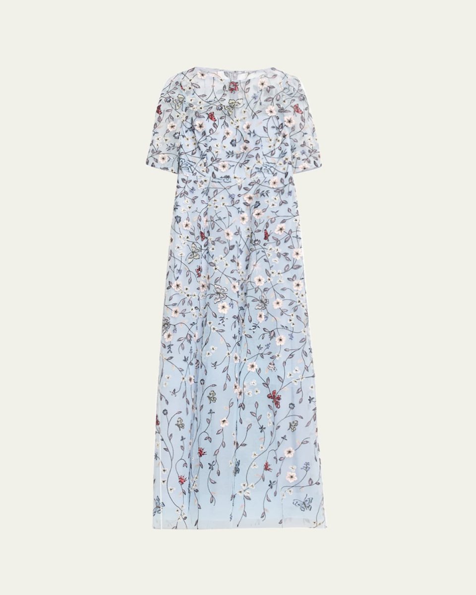 Floral-Embroidered Applique Tulle Gown