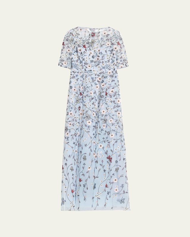 Floral-Embroidered Applique Tulle Gown