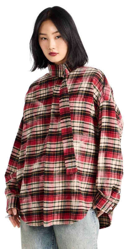 R13 Belt Neck Oversized Shirt Irregular Bleach Red/Green Pla