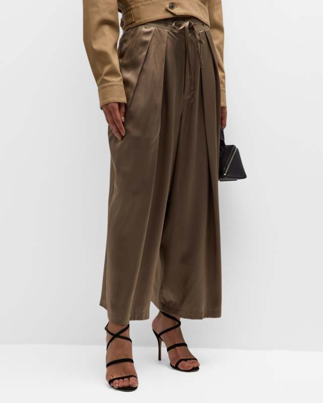 Wide-Leg Cropped Silk Trousers